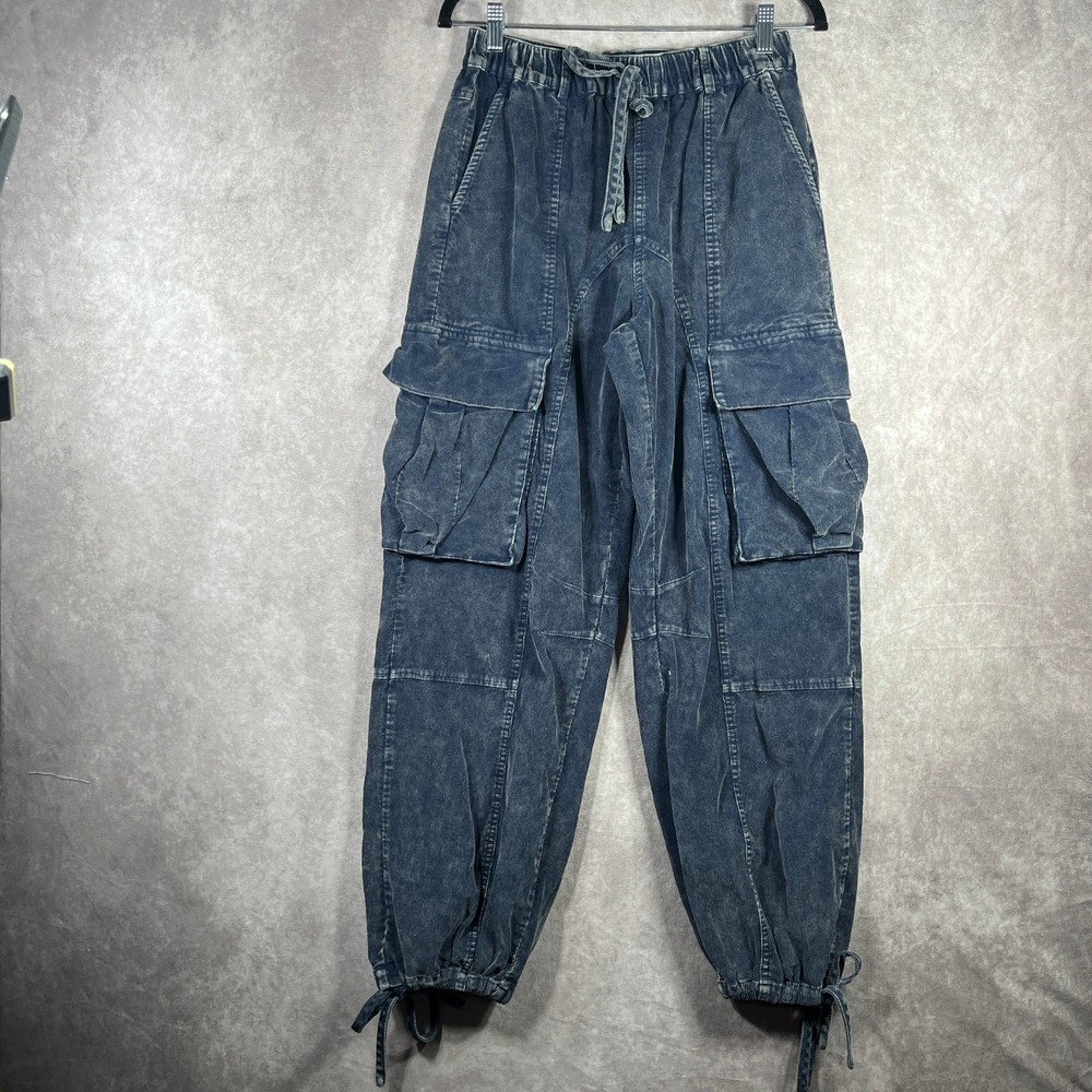 &Merci Corduroy Cargo Pants Womens Small Navy Blue Pockets Joggers Drawstring